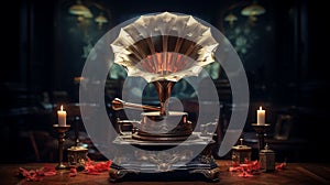 Vintage Retro Gramophone Close-Up on Dark Background. Nostalgic Analog Music Player in Antique Style. Banner