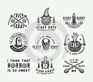 Vintage retro halloween logos, emblems, badges, labels, marks, patches. Vector Art. Monochrome Graphic Art.