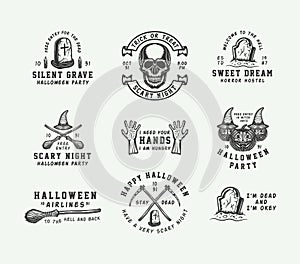 Vintage retro halloween logos, emblems, badges, labels, marks, patches. Vector Art. Monochrome Graphic Art.