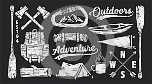 Vintage retro hiking camping outdoor adventure logo icon element set