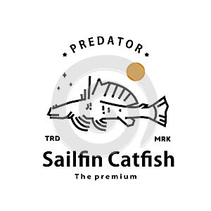 vintage retro hipster sailfin catfish logo vector outline monoline