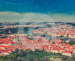 View of Charles Bridge over Vltava river and Old city from Petri