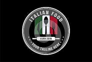 Vintage Retro Italian Flag with Spoon Knife Fork for Cafe Restaurant Food Culinary Catering Label Logo Design