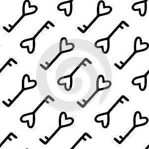 Vintage retro key in the shape of a heart seamless vector pattern. Symbol of love, romance, wedding, mystery. Simple