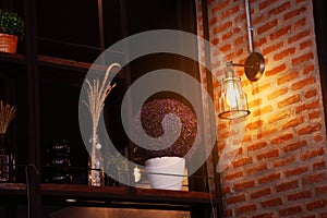 Vintage or retro lamp on old wall in home, Feeling romantic in old home with retro light, Lighting equipment in interior home