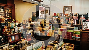 Vintage retro local bookshop with wooden bookshelf and a lot of