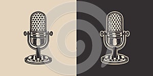 Vintage retro microphone. Can be used for emblem, logo, badge, label. mark, poster or print design. Monochrome Graphic Art. Vector