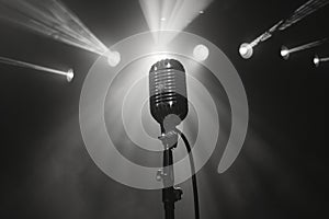 vintage retro microphone on stage under spotlights, black and white