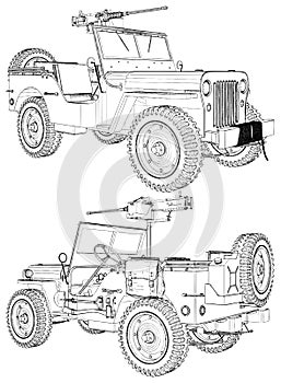 Vintage Retro Military Car With Machine Gun On The White Background Vector 01