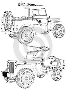 Vintage Retro Military Car With Machine Gun On The White Background Vector 01