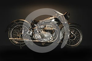 Vintage retro motorcycle rebuild on black background. Old morocycle with scratches of rust.