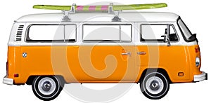 Vintage, Retro, Old-fashioned German Hippie mini camper bus van VW T2 isolated on white transparent background PNG side orange