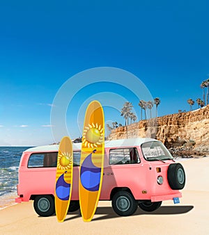 Pink Vintage, Retro, Old-fashioned mini bus van camper VW T2 with surfboard on beach, cliff, palm tree