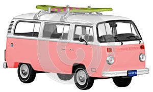 Vintage, Retro, Old-fashioned mini bus van T2 capmer with surfboard isolated on white transparent background PNG pink