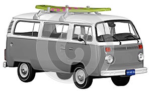 Vintage, Retro, Old-fashioned mini bus van T2 capmer with surfboard isolated on white transparent background PNG grey
