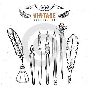 Vintage retro old nib pen brush ink collection. Hand drawn vector