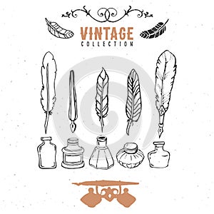 Vintage retro old nib pen feather ink collection. Hand drawn vector