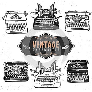 Vintage retro old typewriter collection. Hand drawn vector