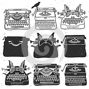 Vintage retro old typewriter collection. Hand drawn vector illus