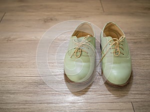 Vintage retro a pair of women green leather shoes on a wooden floor