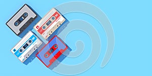 Vintage audio cassette tapes collection on blue background, Retro music. 3d illustration