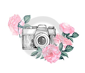 Vintage retro photo camera in flowers, leaves, branches on white background. Hand drawn Vector