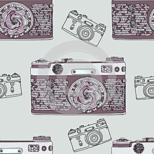 Vintage retro photo camera seamless pattern. Mandala style fabric design. Boho style vector illustration.