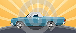 Vintage retro pickup car vector illustration on sun rising yellow background for promotion or old auto festival.