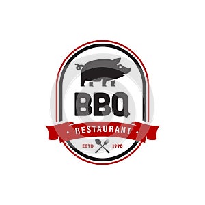 Vintage Retro pork pig BBQ Grill badge, Barbecue party , Barbeque Label Stamp Logo design vector invitation ,