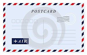 Vintage retro postcard template. Air mail envelope with postage stamp, postage card. Vector graphic design