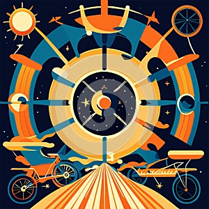 Vintage retro poster with bike, steering wheel and sun. Vector illustration. AI generated