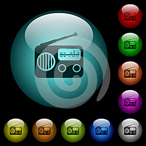 Vintage retro radio icons in color illuminated glass buttons