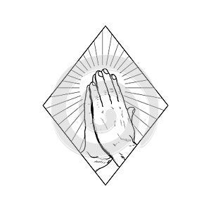 Vintage Retro Religion Praying Hand with Sunburst for Tattoo Design Illustration