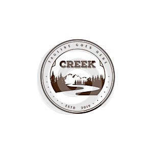 Vintage Retro River Creek Mountain Pine Cedar Spruce Tree Forest Logo Design Vector