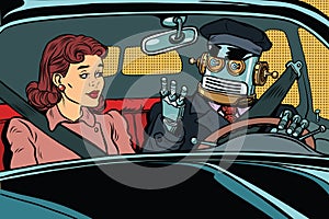 Vintage retro robot autopilot car, woman passenger