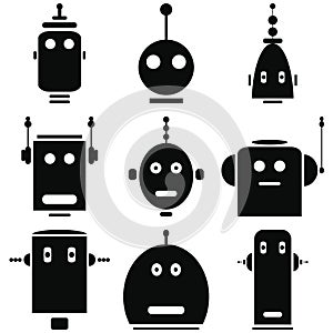 Vintage retro robots heads icons set in black and white photo