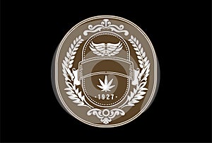 Vintage Retro Round Golden Wings with Cannabis Marijuana Leaf for CBD Hemp Oil Badge Emblem Label Logo Design