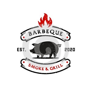 Vintage Retro Rustic pork pig BBQ Grill, Barbecue party , Barbeque Label Stamp Logo design vector invitation