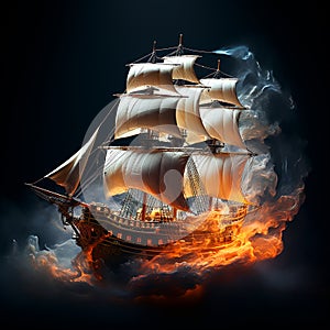 Vintage retro sailing ship in smoke, foam and spray on a black background