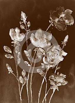 Vintage retro sepia roses on a dark background.