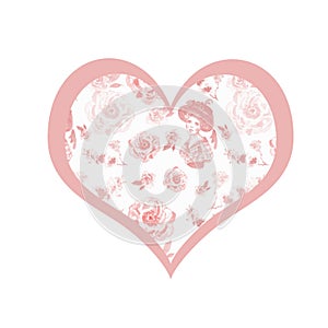 Vintage retro style Card with heart, belle epoque women portrait and delicate pink flowers on white background. photo