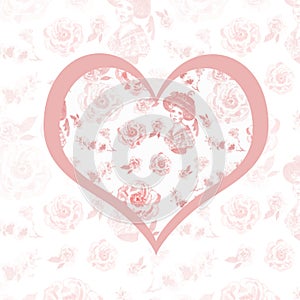 Vintage retro style Card with heart, belle epoque women portrait and delicate pink flowers on white background. photo