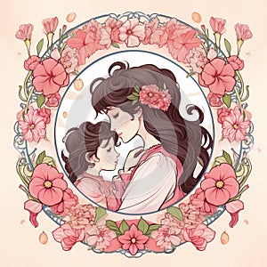 Vintage retro style illustration of a mother hugging her daughter