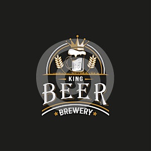 Vintage Retro Style for King Beer House or Brewery Logo. With Crown beer glass icon. Premium and Luxury Logo Template