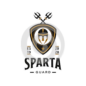 Vintage Retro Style for Roman Sparta Spartan Logo. With Spartacus armor helmet warrior, shield, and cross trident icon