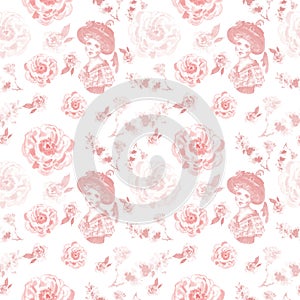 Vintage retro style seamless pattern with women portrait and delicate pink flowers on white background.