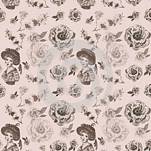 Vintage retro style seamless pattern with belle epoque women portrait and delicate peonies and roses flowers on beige background.