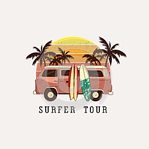 Vintage retro surf van with palm trees on the background of the sun. Hand-drawn T-shirt with a pattern, print. Vector illustration