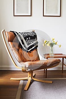 Vintage retro tan leather danish chair and table