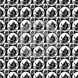 Vintage retro Tea pot and tea cup repeat pattern in black and white